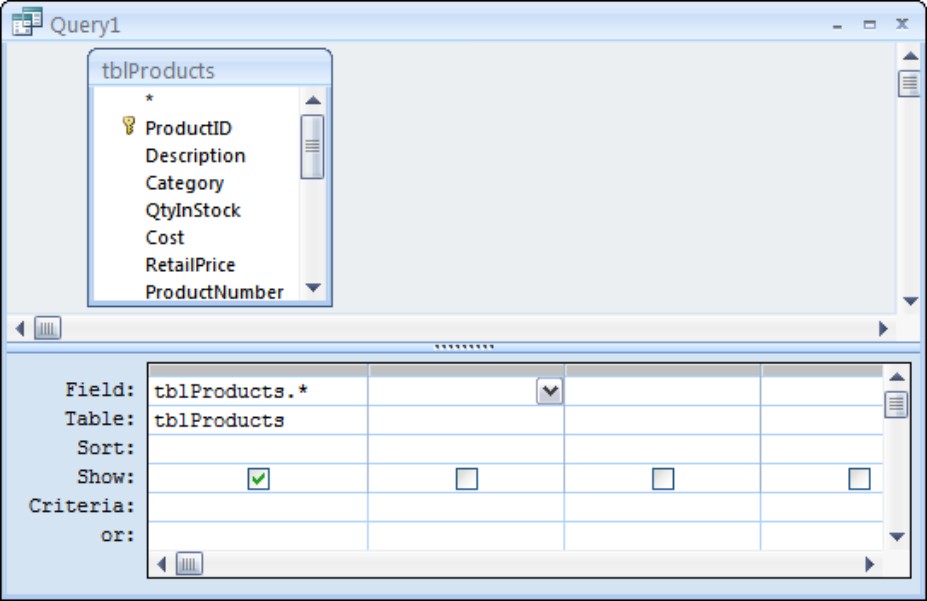 Adding the asterisk to the QBE grid selects all fields in the table.